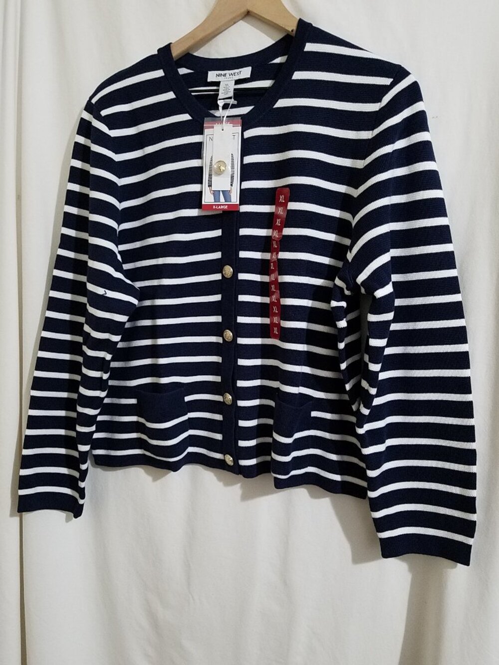 Nine West Women's Navy & White Striped Cardigan Size XL Gold Buttons NWT